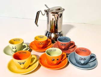 Set Of 6 Adorable Colorful Levtov Demitasse Cups & Saucers & Benjamin Medwin Espresso Maker Italy