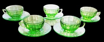 Set Of 5 Vintage Federal Glass Co Uranium Tea Cups & Saucers