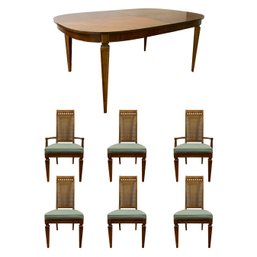 Thomasville Dining Set With 6 Upholstered Seat And Cane Back Chairs & Table With (2)leaves And Protective Pads