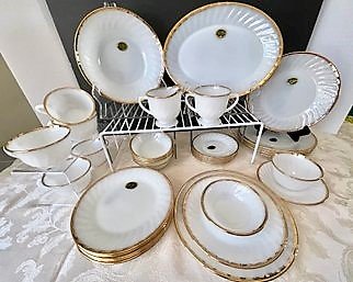 40's New Fire King 22kt Gold Trim Milk Glass Swirl Dinnerware Service For 6 Serving Pieces Labels!