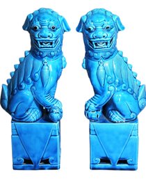 Pair Large Turquoise Glazed Chinese Porcelain Foo Dog Statues