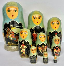 Tall 9 Piece Wooden Hand Painted Russian Nesting Dolls Signed Each Doll Depicts A Different Scene