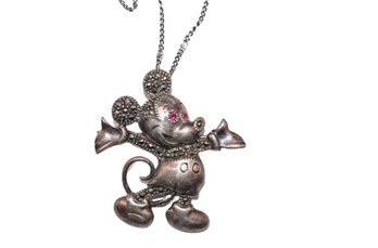 Mickey Mouse Sterling Silver Pendant W/ Ruby Color Eyes And Marcasite Stones