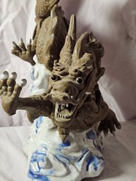 Fabulous Ceramic Dragon With Blue Base, Some Minor Damage To Toes And Antler/horn