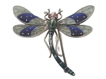 Vintage Depose Sterling Silver With Blue & Green Enamel Dragonfly Pin