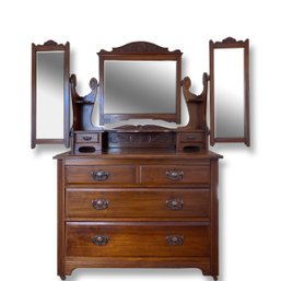 Victorian Eastlake Dresser With Tilt Center Mirror And Two Swing In And Away Flanking Mirrors