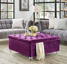NEW!  Inspired Home Raphael Purple Velvet Oversized Tufted Cocktail Ottoman