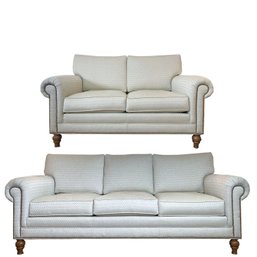 Ethan Allen Featherblend Nailhead Rolled Arm Sofa And Loveseat In Cream White Diamond Pattern