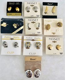 Vintage NOS Costume Jewelry Lot Of 10  Smaller Pairs Of Mostly Clip - One Screw Back Earrings On Card