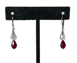 Pair Sterling Silver White And Red Stone Drop Pierced Earrings