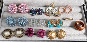 Vintage 11 Pairs Of Earrings Lot White Mod Dangles Are Crown Trifari, 2 Japan, Blue Crystal - Coro  2 Rings