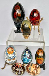 Vintge Lot Of 8 Russian Hand Painted Black Lacquer And Wooden Decorative Eggs Some With Stands 1 Signed