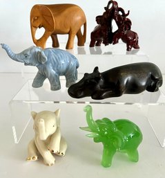 (#2) Lot Of 6 Figurines: 5 Elephants, 1 Hippo- Ass't Materials: Glass, Wood, Resin, Porcelain, 1 Marked Lenox