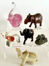 (#1) Lot Of 6 Figurines: 5 Elephants, 1 Hippo- Assorted Materials: Glass, Porcelain, Agate, Resin, Wood