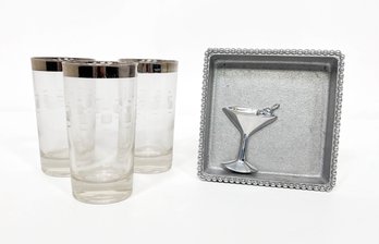 Mariposa Martini Napkin Holder And  3 Etched Glasses