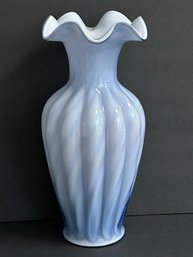 Vintage Fenton Art Glass Blue Opalescent Swirled Encased Glass Ombre 11' Ruffled Top Vase Sticker On Bottom