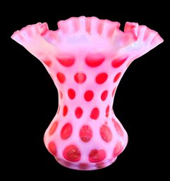 Large Vintage Fenton Cranberry Opalescent Coin Dot Ruffled Top Vase