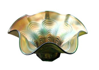 Vintage Fenton Green Carnival Glass Ruffled Hat Bowl