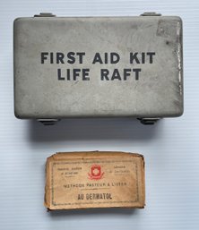 Vintage Metal First Aid And Life Raft Medical Kit With Gauze