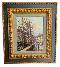Vintage Mid Century Signed French Impressionist Cityscape Oil Painting In Carved Frame