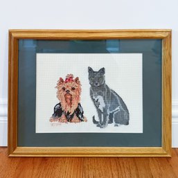 Handmade Cross-stitched Cat And Dog Picture Signed And Dated By Artist