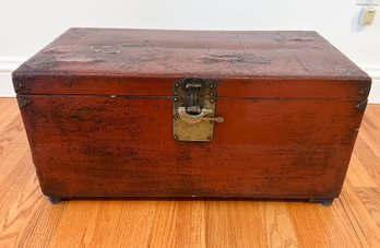 Antique Red Wood And Leather Trunk