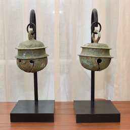 A Pair Of Antique Bronze Elephant Bells With Stands