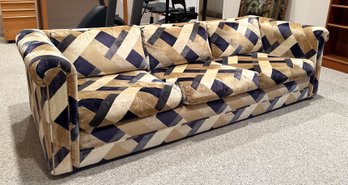 Retro Adrian Pearsall Style Sofa In Naval And Camel Luxe Velour In Chevron Basket Weave Pattern