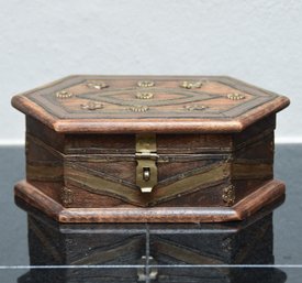 Decorative Walnut Hexagonal Trinket Box With Metal Detailing