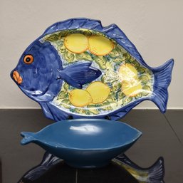 Large Hand Painted Ceramic Fish Serving Dish With Italian Ceramic Fish Bowl