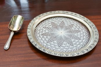 English Style Serving Tray With Inlaid Doily And Metal Scoop