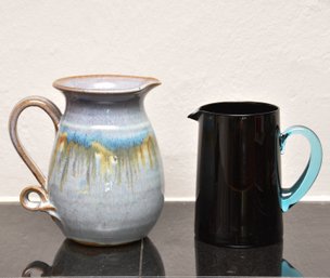 Blue Brown Dripped Glaze Ceramic Pitcher With Two-tone Glass Pitcher