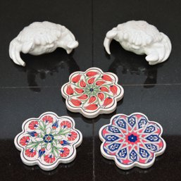 Set Of Crab Porcelain S&P Shakers With (3) Ceramic Coasters