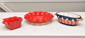 Nantucket Deep Dish Red Ceramic Pie Platter, BIA Red Ceramic Basket And Stars And Stripes Oval Ceramic Tray