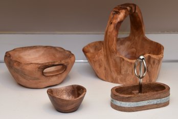 3 Organic Handmade Amorphous Wood Bowls With Salt And Pepper Holder