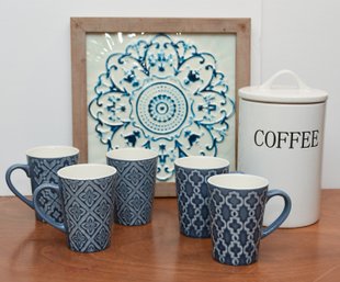 5 Ceramic Coffee Mugs, Jumbo Coffee Tin And Hand-painted And Hammered Tin Medallion Framed Artwork