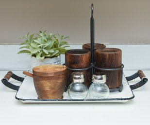 9 Piece Tabletop Set With Utensil Holder, Tray, Faux Plant, Salt And Pepper Shakers, Wood Sugar Bowl