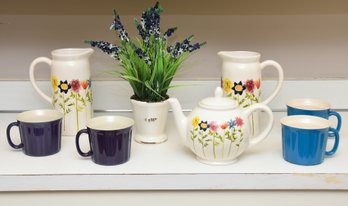 3 Hand-painted Floral Porcelain Serving Set, 4 Colorful Coffee Mugs And Faux Plant