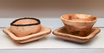 2 Handcarved Wood Serving Trays With 2 Handmade Wood Bowls