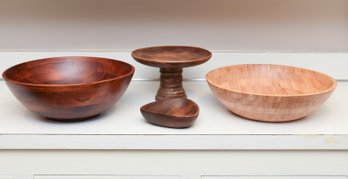 3 Handmade Wood Bowls With Carved Wood Cake Stand
