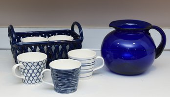 7 Piece Set Of Serving Ware Including Glass Pitcher, Lattice Ceramic Basket, 5 Ceramic Coffee Mugs