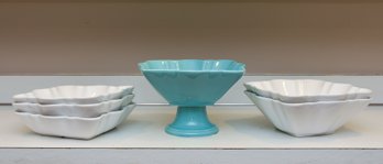 2 Large Scalloped Edge White Ceramic Serving Bowls, 2 Serving Platters, Teal Ceramic Fruit Stand