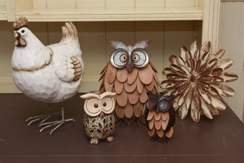 3 Decorative Tin Owls With Large Handcarved And Hand-painted Wood Chicken, And Flower Art