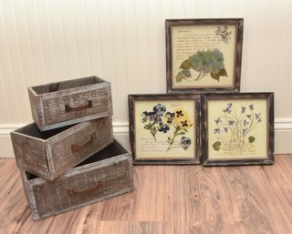 3 Framed Flower Artworks With Pansies, Violets And Hydrangeas And 3 Distressed Wood Boxes With Handles