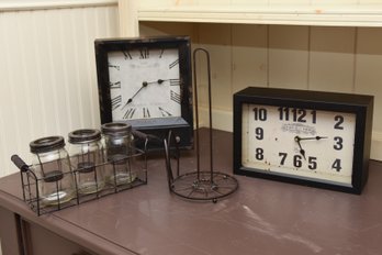 2 French Themed Clocks With Metal Towel Holder And Vintage Style Glass Jars With Metal Tray
