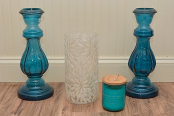 Pair Of Large Teal Glass Vases With Inlaid Flower Glass Vase And Sapphire Sea Blossom Candle