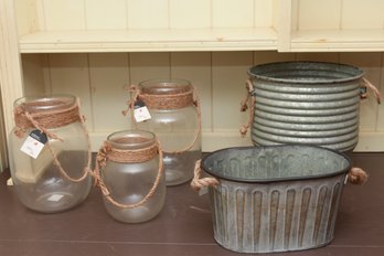 3 Debi Lilly Jumbo Glass Jars With String Accent  And 2 Vintage Style Metal Tubs With Rope Handles