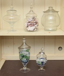 5 Piece Glass Storage Jars One With Unique Sea Shells And 2 With Decorative Glass Rocks