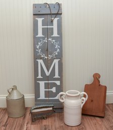 5 Piece Set Of Country Decor Pig, 2 Vintage Style Milk Jugs, 'Home' Sign And Cutting Board/Cook Book Holder