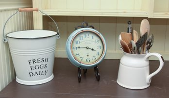 Vintage Style French Clock With Plate Holder, Pitcher, Bucket And Serving Utensils